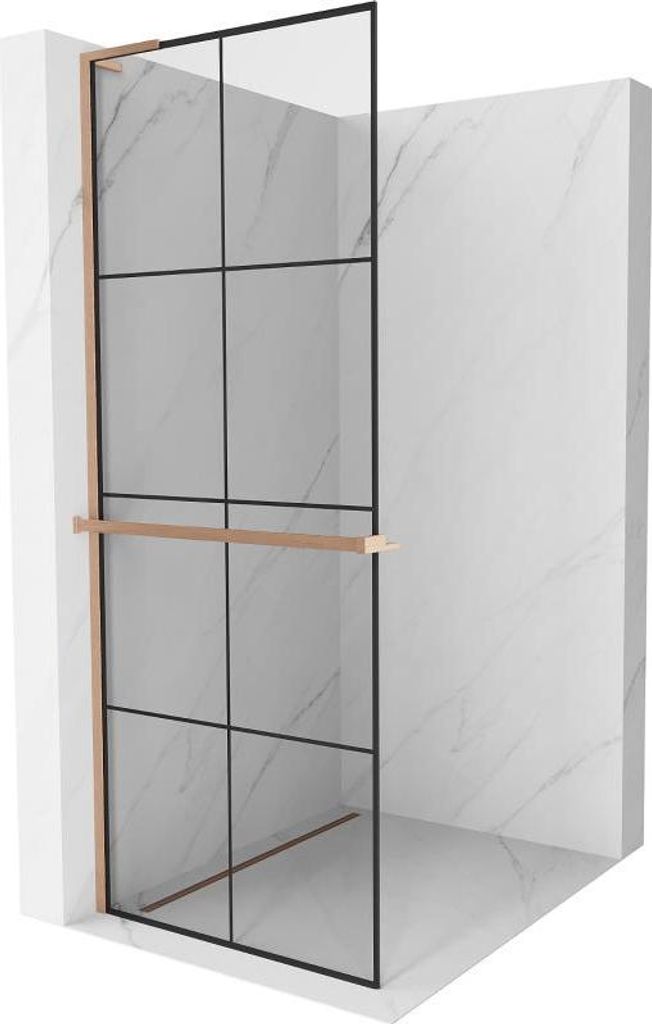 Mexen Kioto+ L Duschwand mit Ablage Walk-in 90 x 200 cm, schwarzes Muster, gebürstetes Kupfer - 800-090-123-65-77