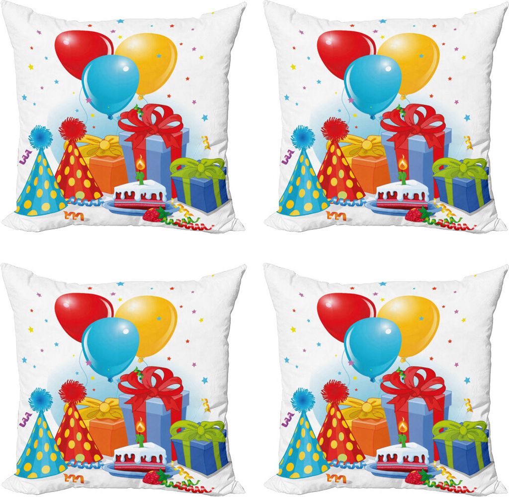 ABAKUHAUS Geburtstag Kissenbezug Set (4 Stück), Pie Hüte Geschenke Ballons, Moderner Doppelseitiger Digitaldruck, 50 cm x 50 cm, Mehrfarbig