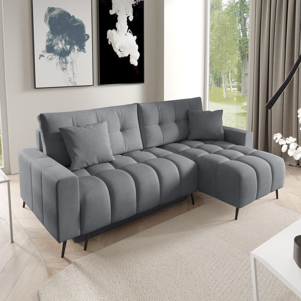 Ecksofa DENVER Dunkelgrau, L-Form - mit Schlaffunktion, Bettkasten & universeller Ottomane
