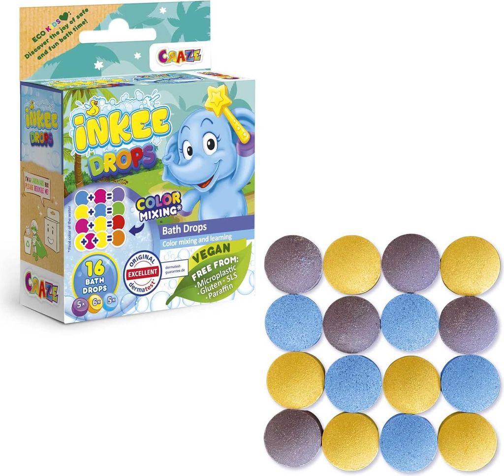 CRAZE INKEE Bath Drops - Badetabletten zum Farben Lernen, Badefarben für Kinder Badewanne - Badekugeln Kinder in Magenta, Gelb und Blau 43943, 1 S...