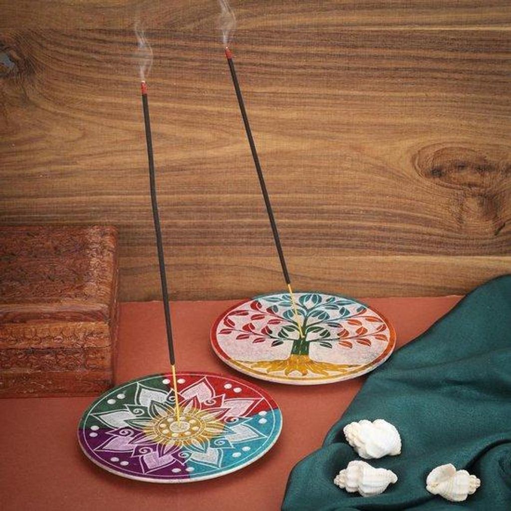 Handgefertigte runde Marmormeerkachelhalter von Spekstein - Mehrfarbig - Lebendesbaum und Blumenornament - Dekorative Aschenbecher - Büro- und Woh...