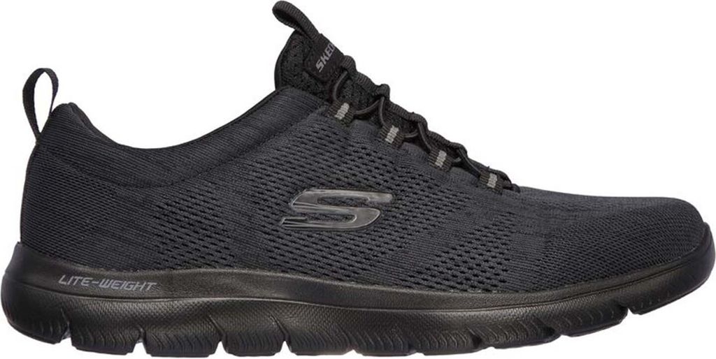 A side view of a black Skechers sneaker.