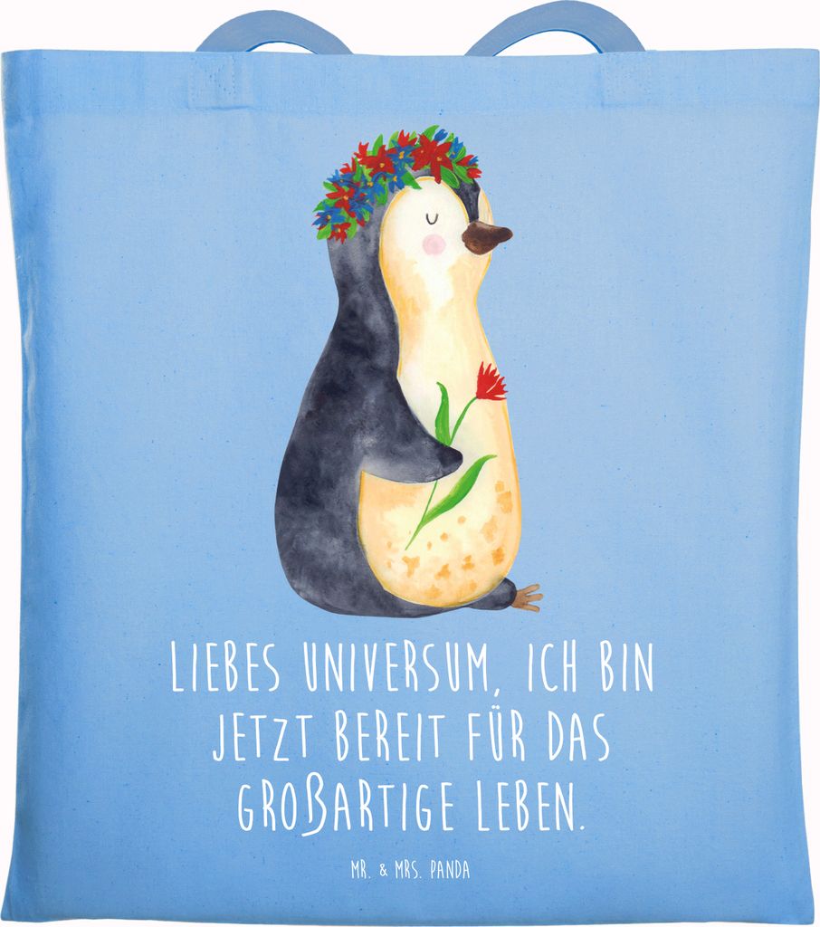Mr. & Mrs. Panda Uni Tasche Pinguin Blumen - Sky Blue - Geschenk, Leben, Positiv, Einkaufstasche, Shopping, Büchertasche, Tote Bag, Wünsche, Gesc...