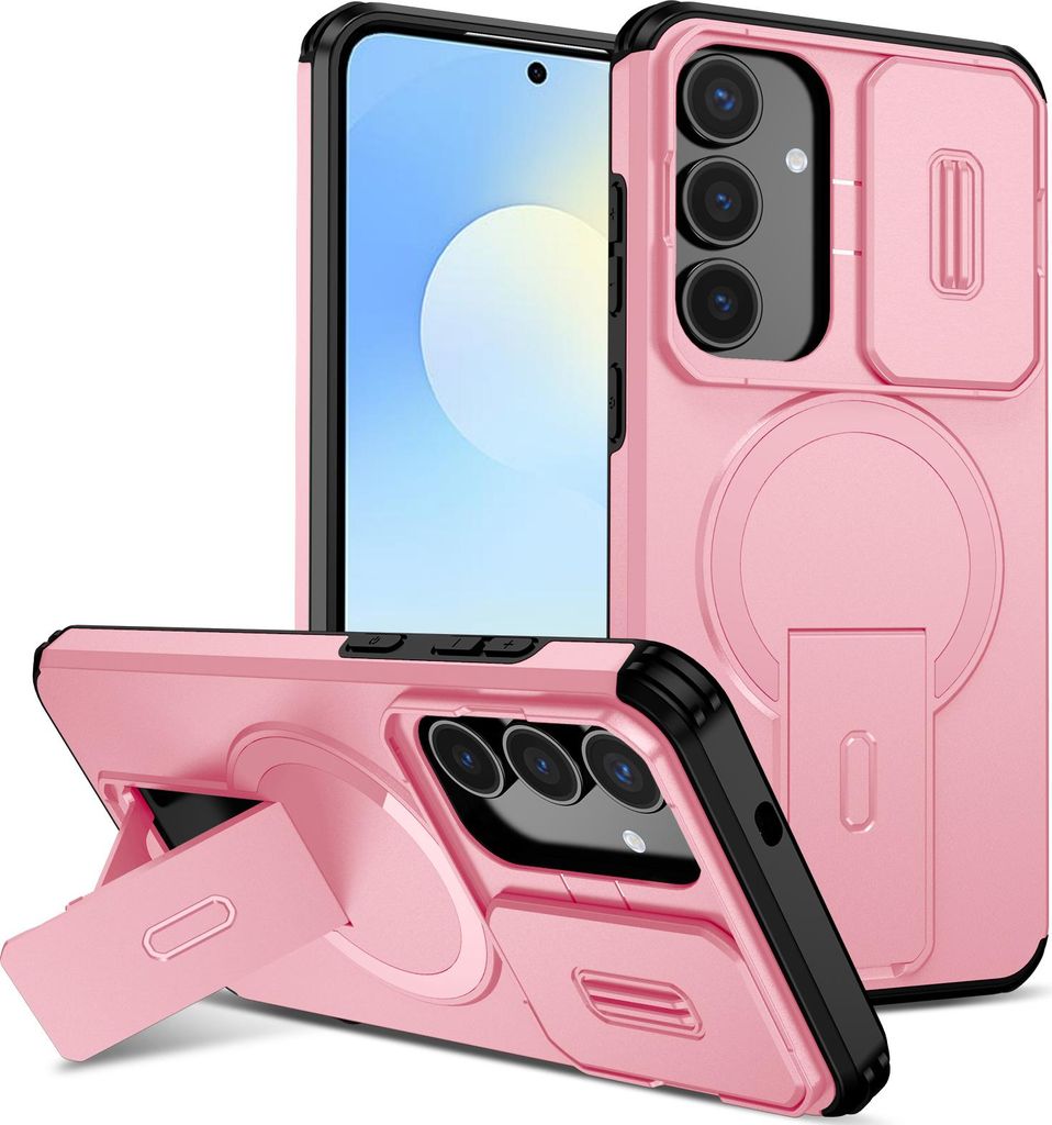 Magnetisch Hülle für Samsung Galaxy S25 FE, Dual Layer Stoßfest Handyhülle mit Dia Kameraschutz, Verstellbarem Ständer Pink