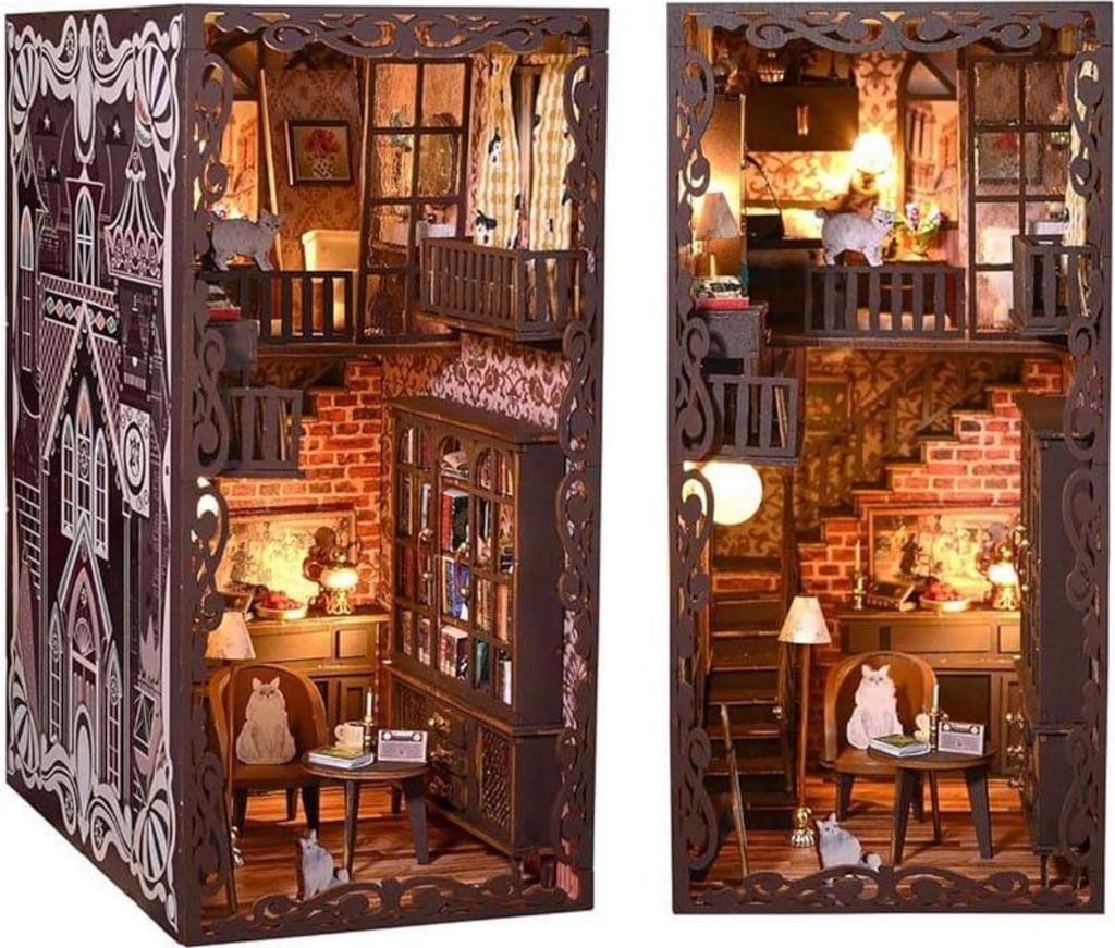 Two views of a miniature DIY book nook kit depicting a cozy, multi-level room with bookshelves, furniture, and decorative elements.
