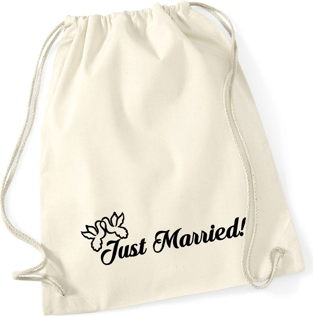 Huuraa Turnbeutel Just Married Tauben 12 Liter Natural Baumwolle Rucksack Geschenkidee