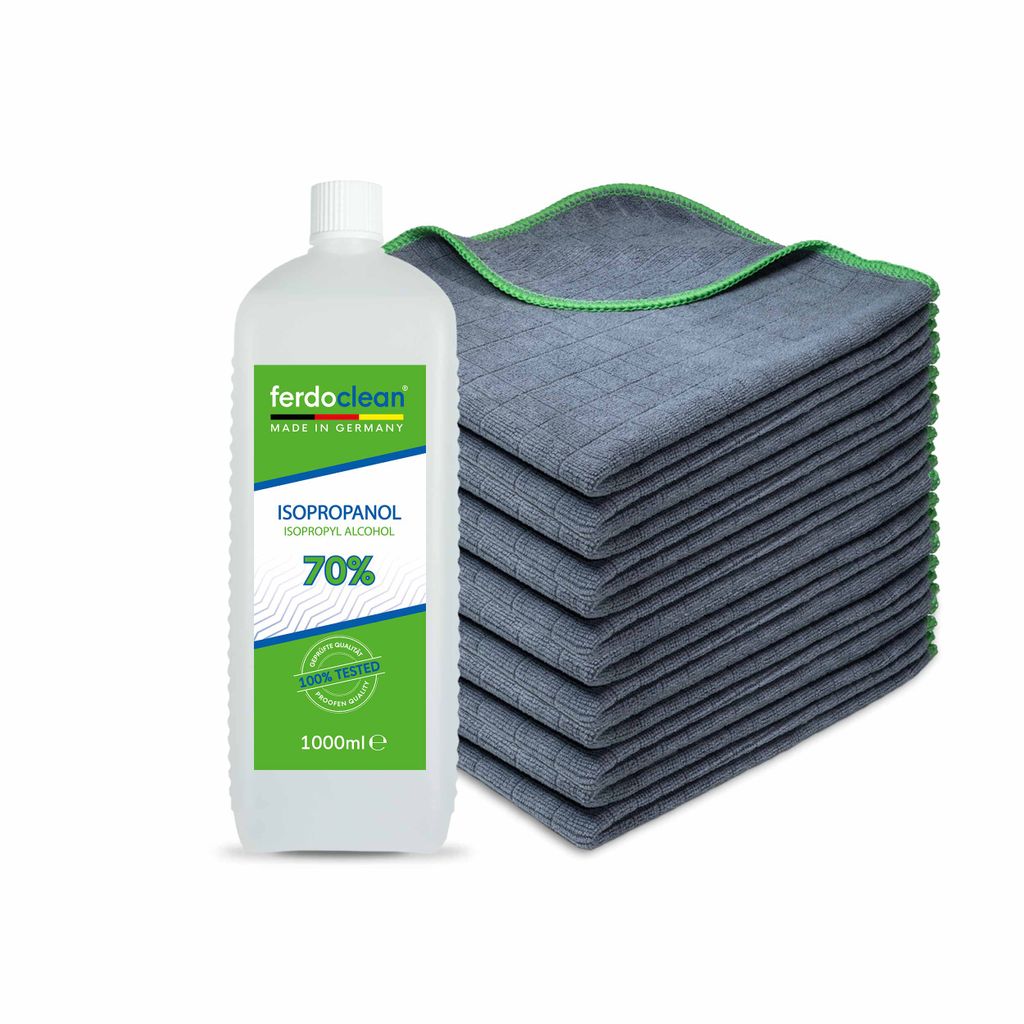 ferdoclean Isopropanol 70% 1L Isopropylalkohol (IPA) 2-Propanol + 12 x Microfasertücher 380GSM 40 x 40 cm grüner Rand