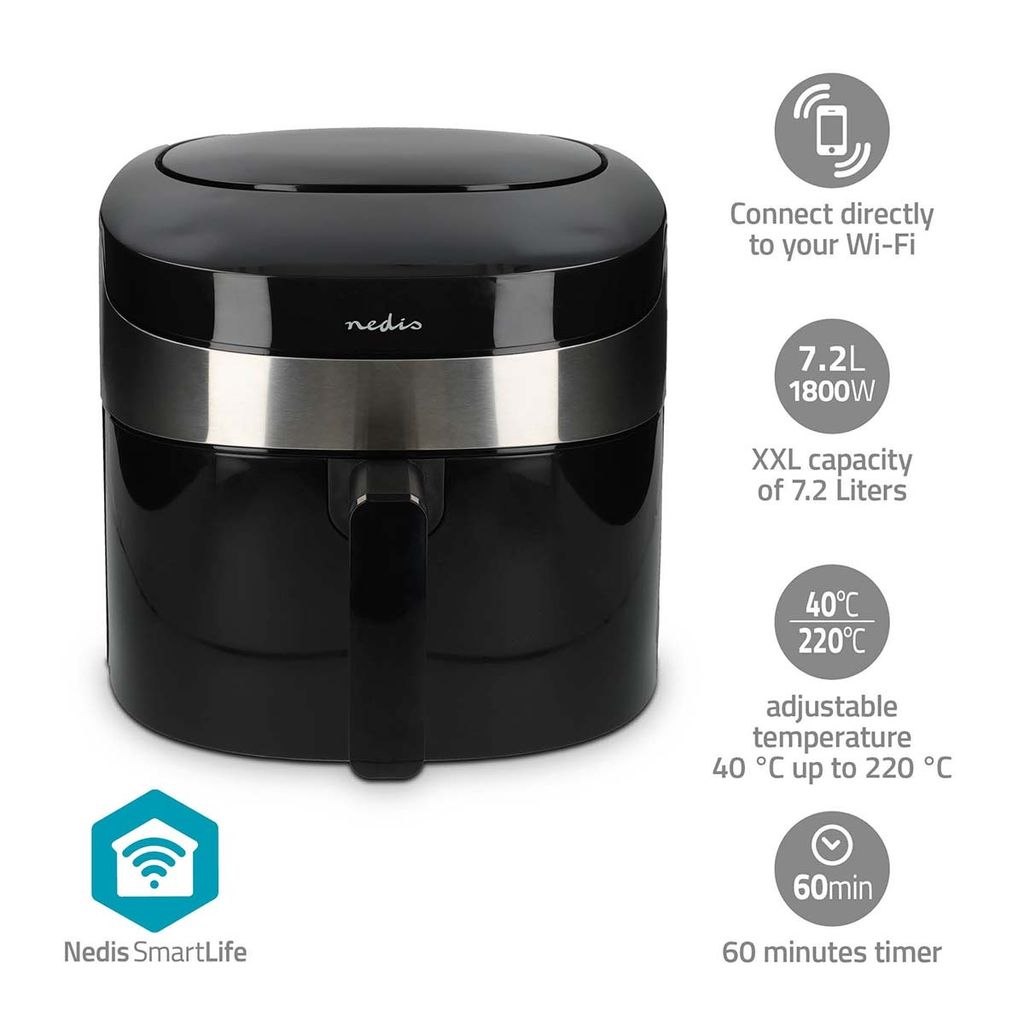 Nedis SmartLife Heißluftfritteuse - Wi-Fi - 7,2 l - Timer: 1 h - Anzahl voreingestellter Programme: 8 - Digital - Android / IOS - Schwarz