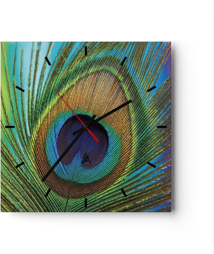 Wanduhr - Quadrat - Glasuhr - Pfauen Federn Regenbogen - 30x30cm - Schleichendes Uhrwerk - Lautlos - zum Aufhängen bereit - Dekoration Modern - Wa...