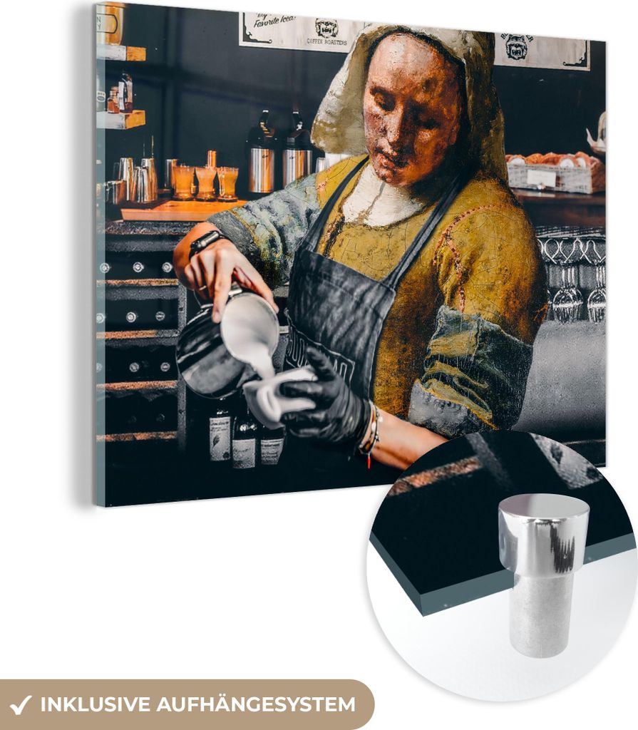 MuchoWow Glasbilder - Bilder auf Wandbild - Foto auf Glas Milchmädchen - Barista - Kaffee - Vintage - Kunst - Abstrakt - Malerei - Alte Meister 40...