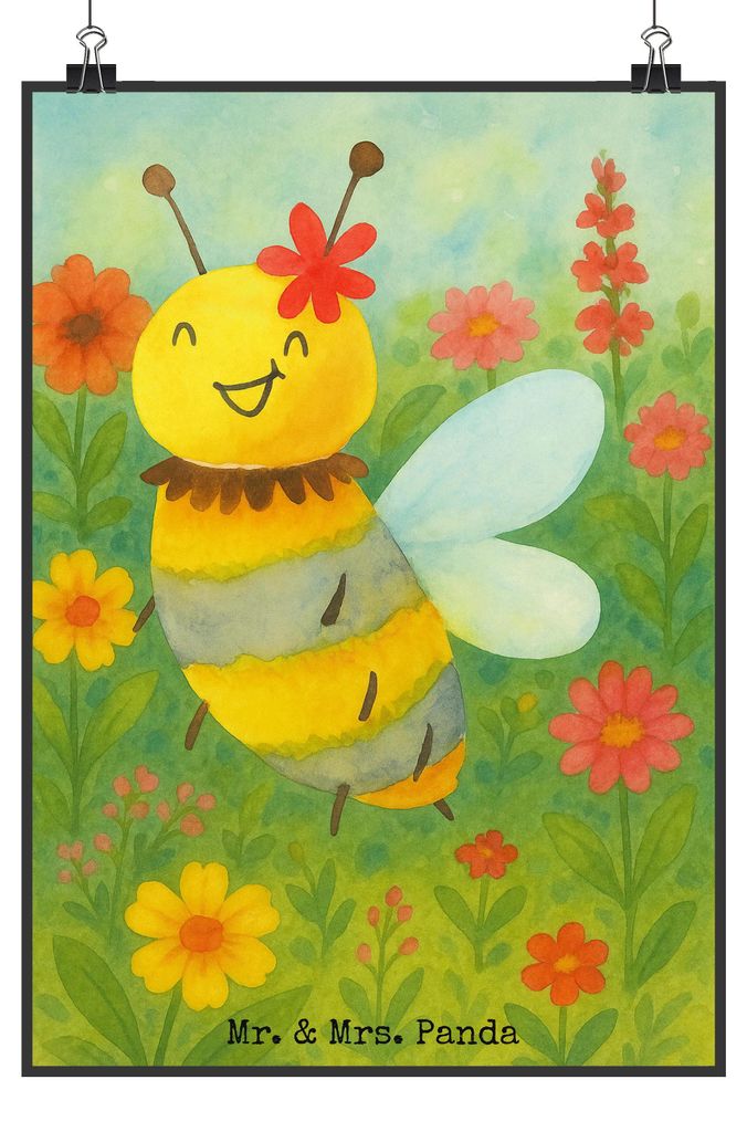 Mr. & Mrs. Panda Bild Biene Blume Design DIN A5 - Weiß - Geschenk, Kunstdruck, Wandbild, drucke, Plakat, wanddeko