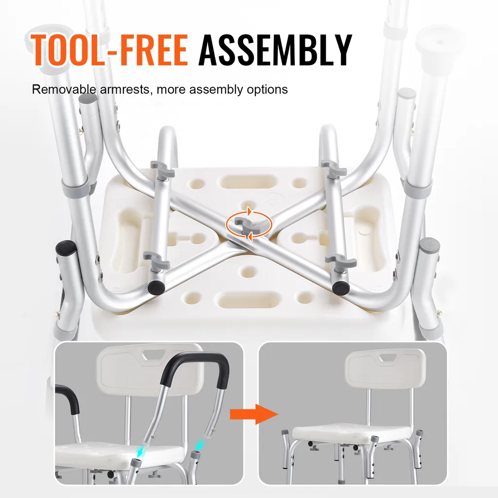 VEVOR sgabello da doccia sedia da doccia 390-520 mm regolabile in altezza, sgabello da bagno sedile da bagno 158,8 kg capacità di carico, stabile sgabello da doccia ausilio da bagno maniglione in lega di alluminio, sedile da doccia bianco - 7