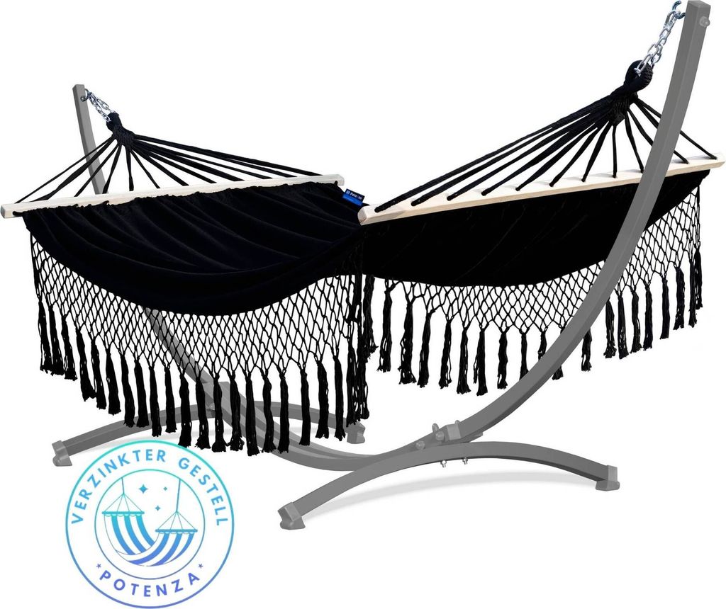 Potenza Outdoor Hängematte mit Gestell für 2 Personen I Stabhängematte XXL 220x160, 200kg I Verzinkter Grau Hängemattengestell 220kg Wetterfest