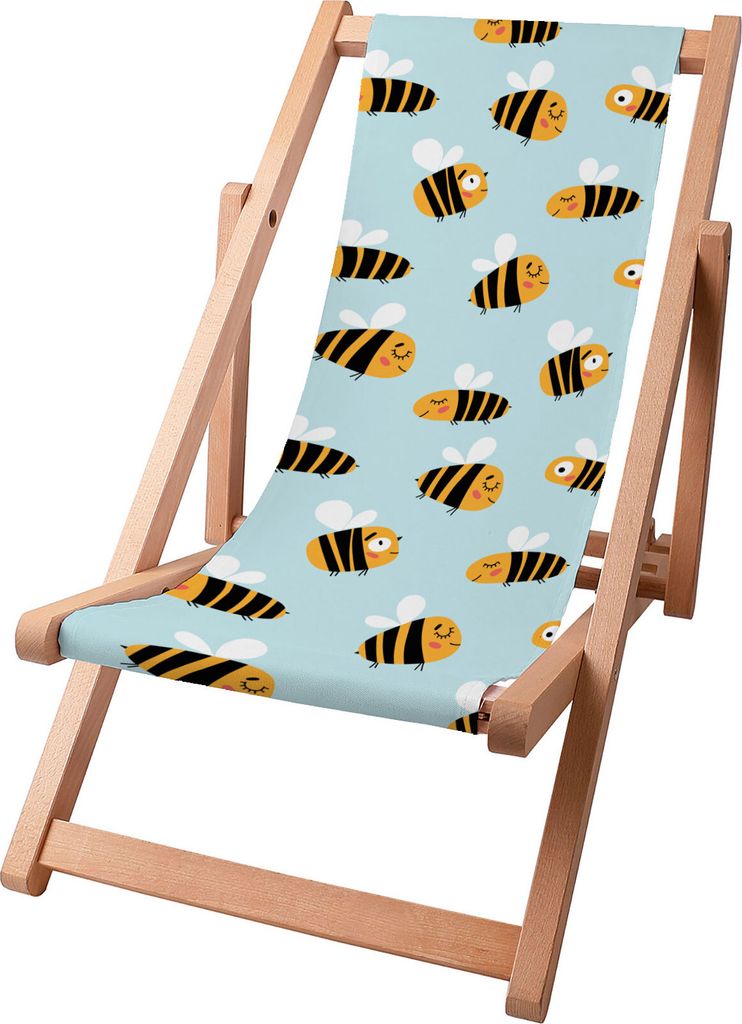 Dreamroots Kinder Liegestuhl klappbar Holz bis zu 130 kg, Sonnenliege klappbar mit 3-stufiger Neigungsregulierung der Rückenlehne, Bee Life
