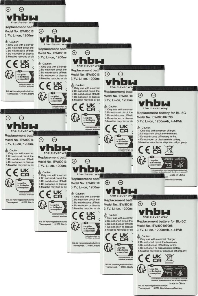 vhbw 10x Akku kompatibel mit Nokia 3110 classic, 3109 classic, 3120, 3110 evolve, 3660, 3650 Handy Smartphone Telefon (1200 mAh, 3,7 V, Li-Ion)