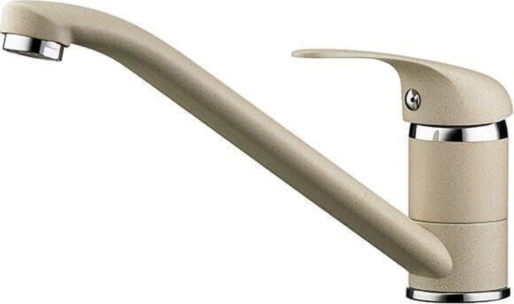 A beige kitchen faucet with a silver accent is shown against a white background.