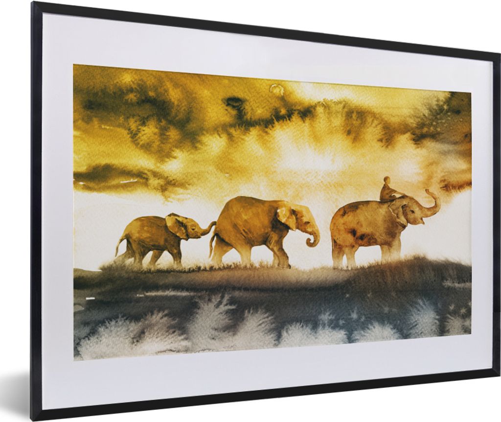 MuchoWow MuchoWow Gerahmtes Poster Elefanten - Aquarell - Gelb 60x40 cm - Poster mit zchwarzem Bilderrahmen - Schlafzimmer - Plakat in Rahmen -...