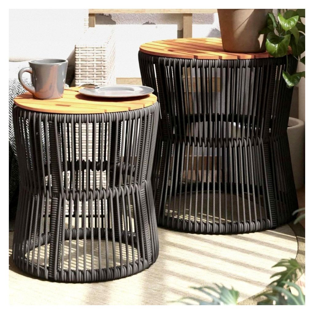 Garten-Beistelltische 2 Stück mit Holzplatte Grau Poly Rattan