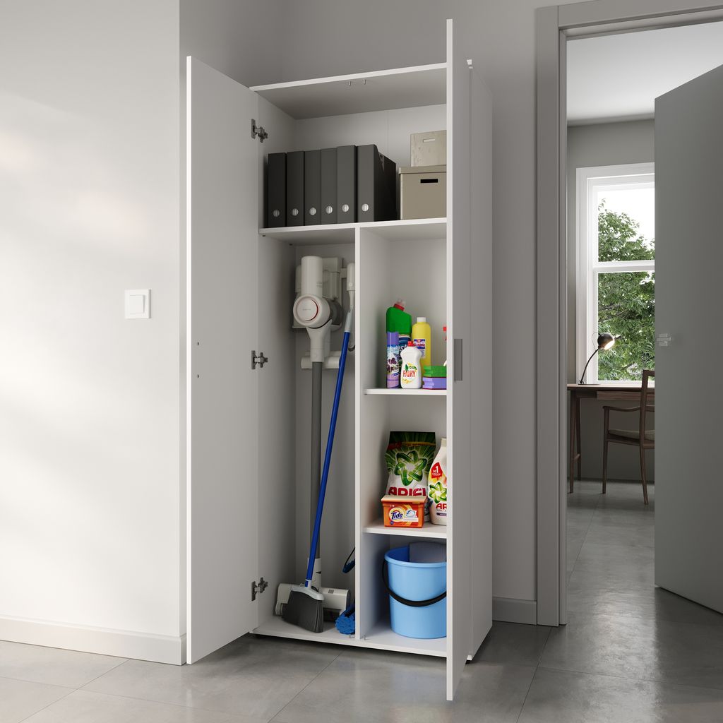 Mehrzweckschrank 75 cm breit Weiß mit Staubsaugerfach