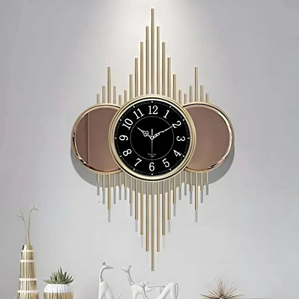 Horloge murale rayons dorés et miroirs latéraux - Modèle Luxe Ø 60 cm