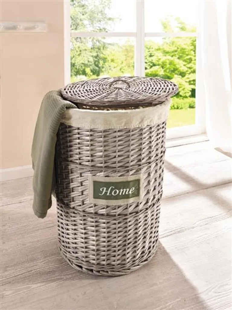 Panier à linge Home en osier gris avec couvercle style campagne 60L
