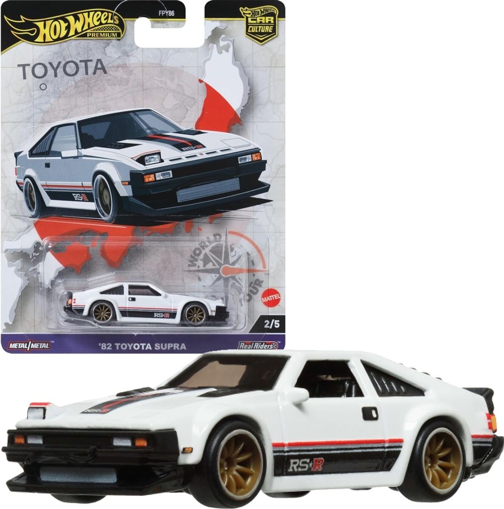 A Hot Wheels Premium Car Culture collectible toy car in its packaging, with a separate image of the car and a map graphic.