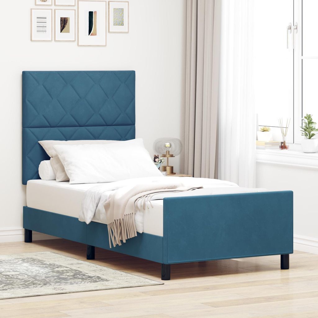 Bettgestell Dunkelblau 90x190 cm Samt, Design Klassische Betten Neu