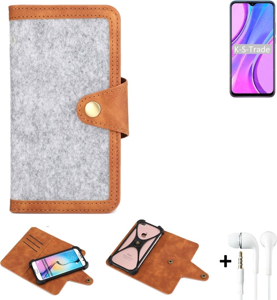 K-S-Trade Handyhülle + Kopfhörer kompatibel mit Xiaomi Redmi 9 Schutzhülle Filz Hülle Kunstleder hellgrau braun (1x)