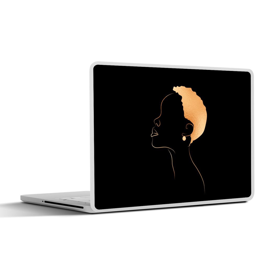 MuchoWow Laptop Aufkleber Sticker Cover Frau - Strichzeichnung - Schwarz - Gold 31x22.5 cm - Laptop-Deko