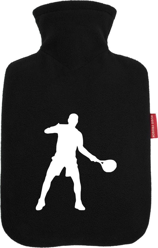 Huuraa Wärmflasche Tennis Silhouette 1,8 Liter Black Classic Veloursbezug Bettflasche Geschenkidee