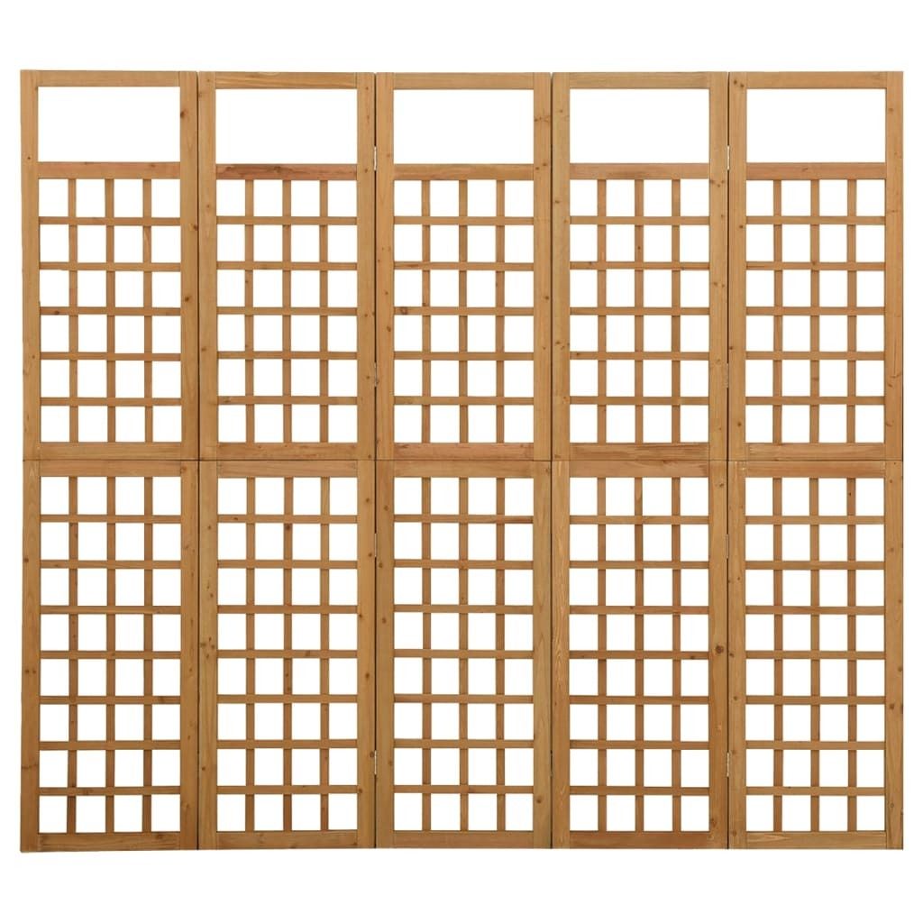 A set of five wooden garden trellises arranged in a row against a white background.