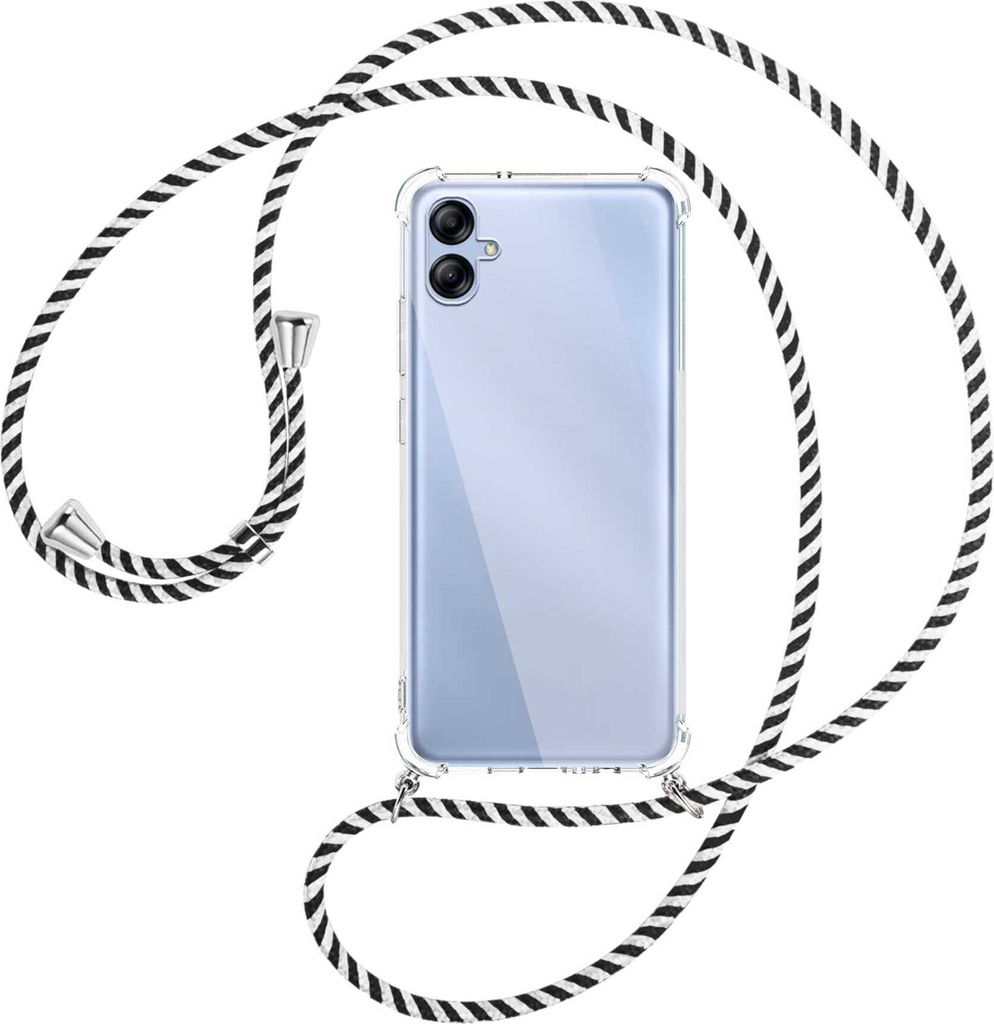 Handykette Backcover-Schutzhülle mit Band (Metall silberfarben) für Samsung Galaxy A04e (SM-A042) - schwarz/weiß gestreift