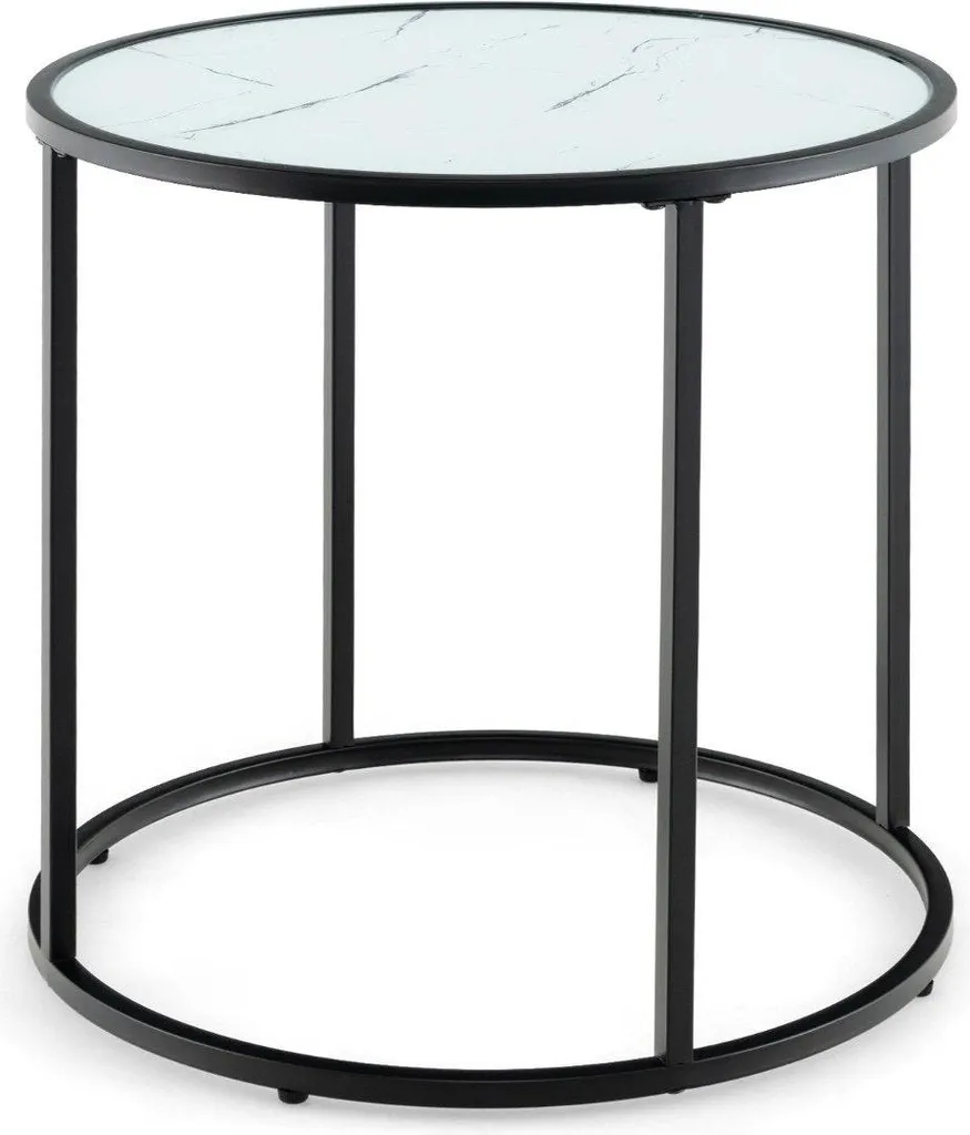 Table de canapé ronde avec plateau marbré en verre et design moderne
