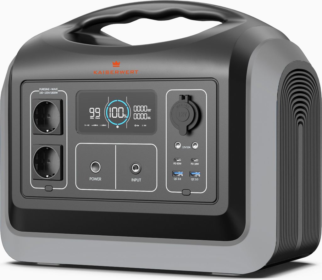 KAISERWERT Power Station 1200W, tragbarer Stromgenerator mit LiFePO4 Batterien, 1200W (992Wh), LED-Licht für Camping & Stromausfälle.