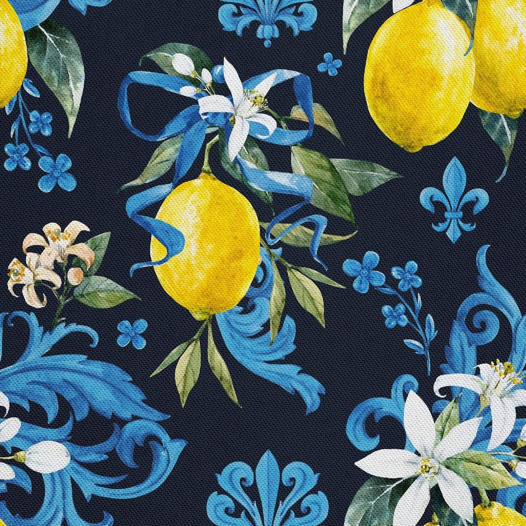 OUTDOOR DEKOSTOFFE OXFORD - Motiv Zitronen mit Blumen