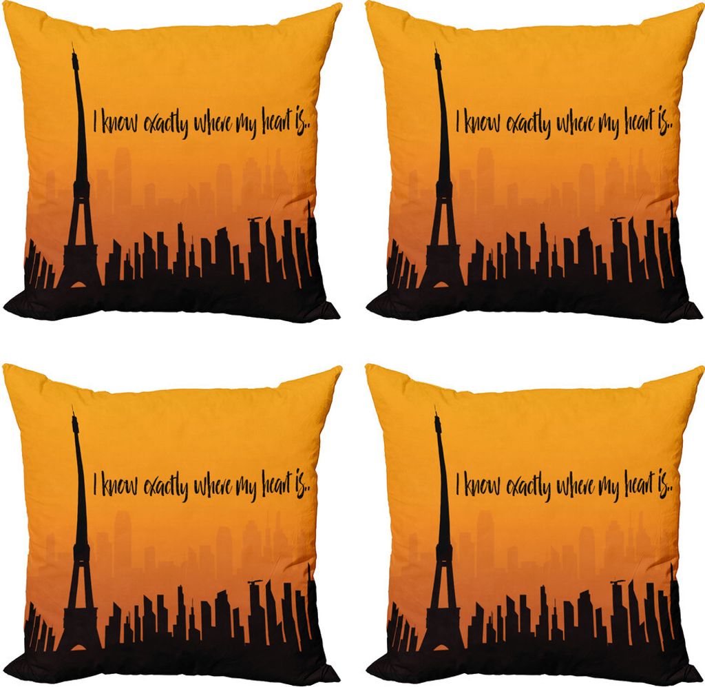 ABAKUHAUS Eiffelturm Kissenbezug Set (4 Stück), Stadt-Skyline-Beschriftung, Moderner Doppelseitiger Digitaldruck, 60 cm x 60 cm, Charcoal Grau Orange