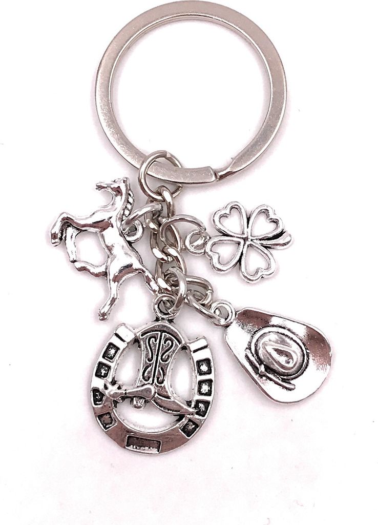 Onwomania Schlüsselanhänger Pferd Hufeisen Cowboyhut Stiefel Kleeblatt silber Anhänger Keychain