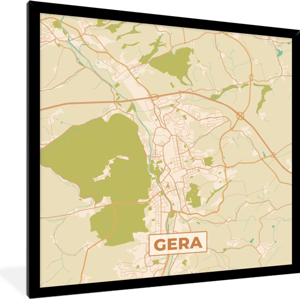 MuchoWow Gerahmtes Poster Karte - Stadtplan von Gera - Vintage - Stadtplan 40x40 cm - Poster mit Schwarzem Bilderrahmen Wandposter Rahmen Foto Bi...