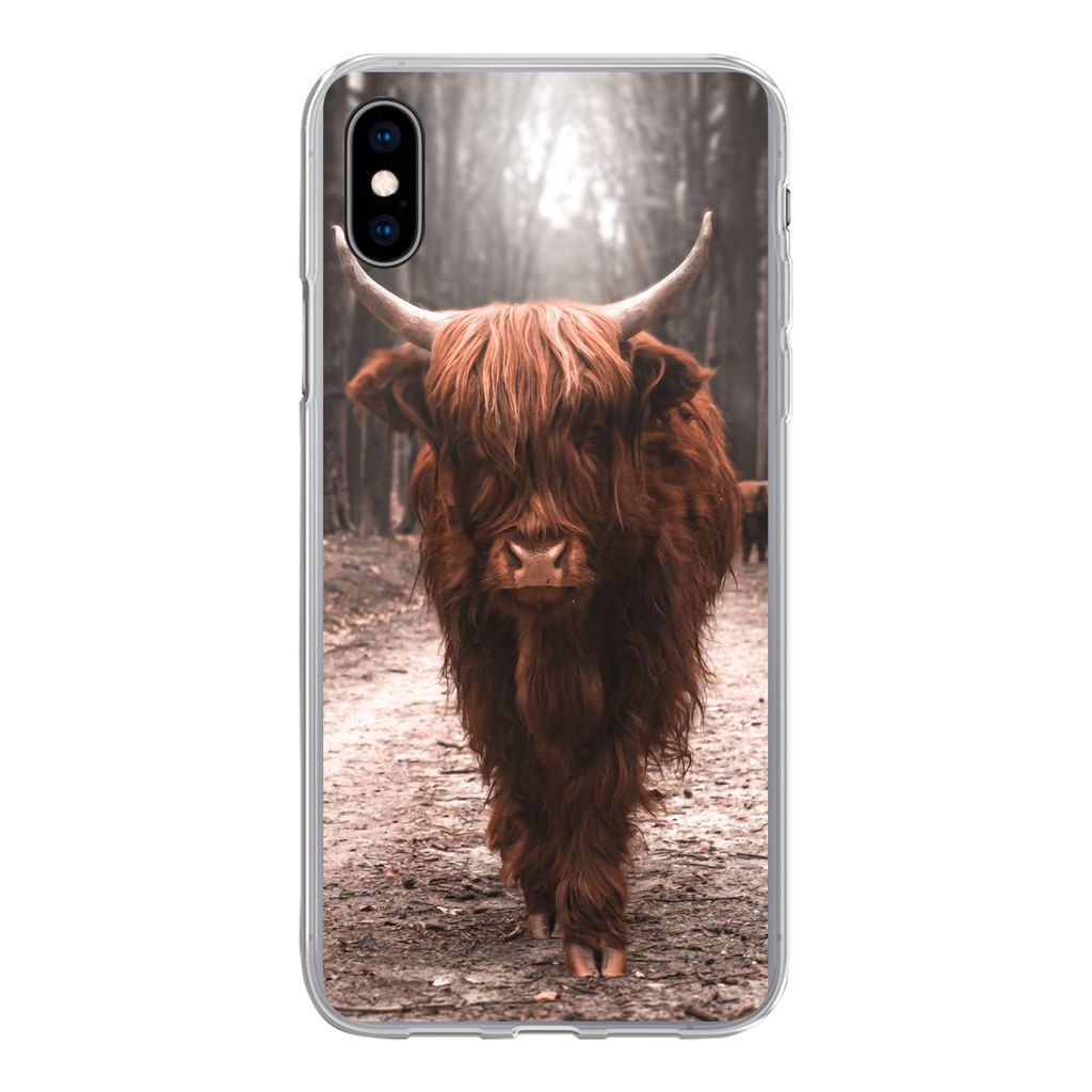 MuchoWow Handyhülle Schutzhülle Hülle für iPhone Xs Schottischer Hochländer - Wald - Kuh - Tiere - Natur Silikon Softcase Handy Hülle - Han...
