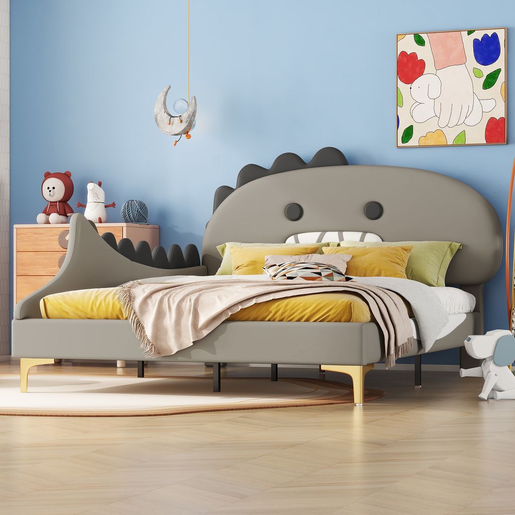 A child's bedroom with a dinosaur-themed bed.