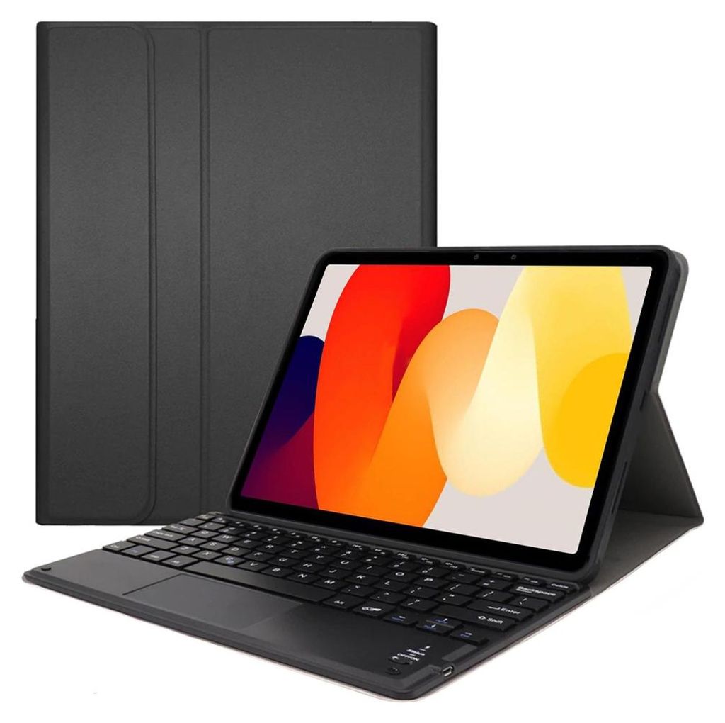 A black tablet with a keyboard case attached, shown from a slightly elevated front-left angle.