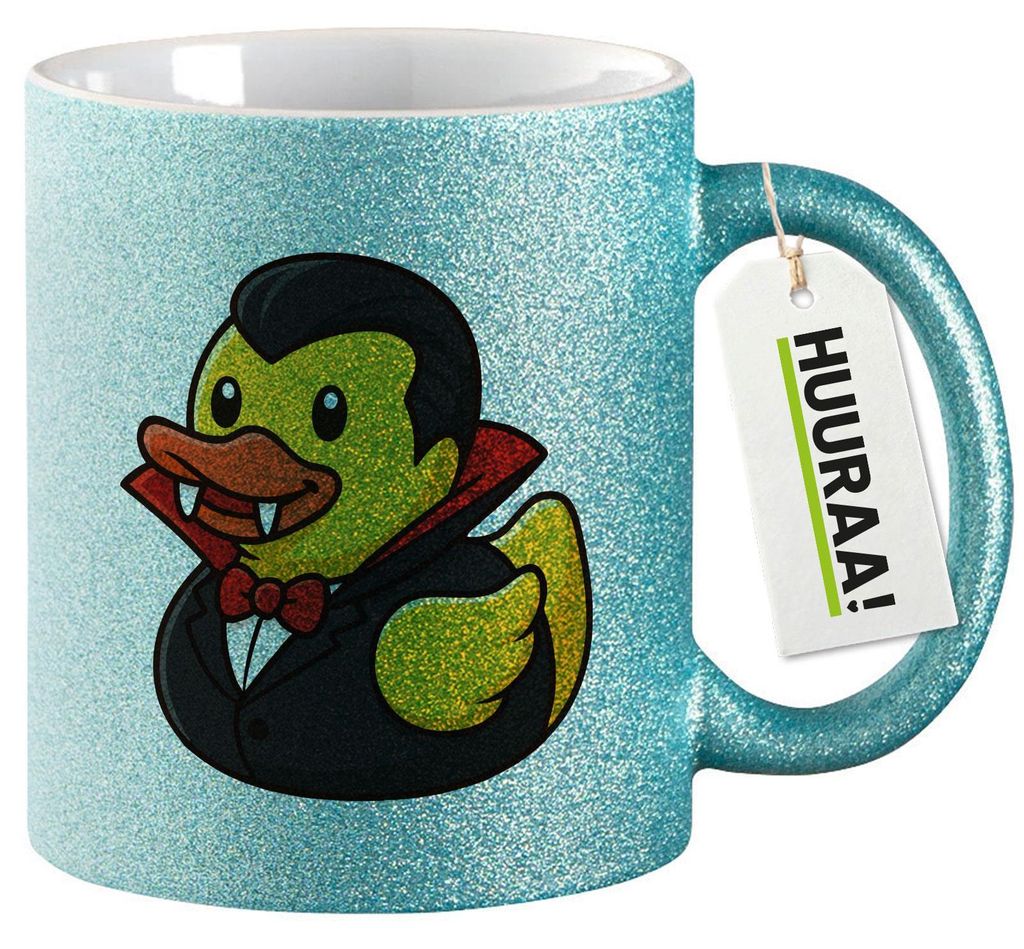 Huuraa Glitzertasse Quietscheente Vampir Gummiente Blutsauger 330ml Blau Keramik Kaffeebecher Geschenkidee