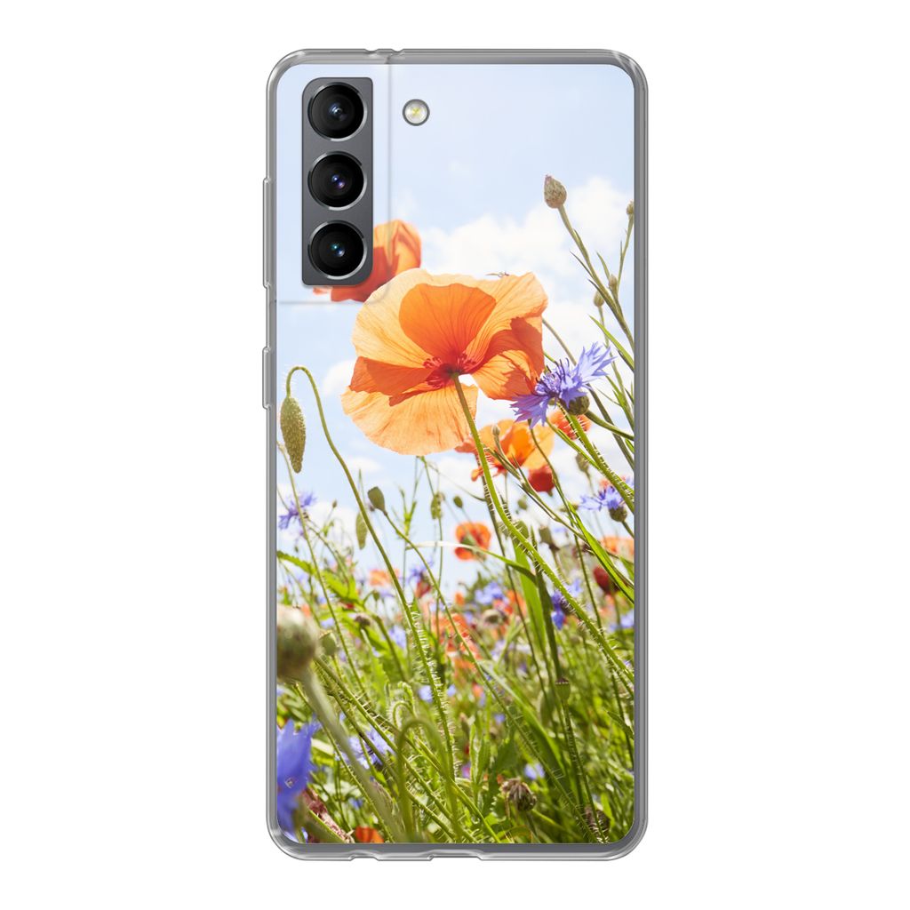MuchoWow Handyhülle Schutzhülle Hülle für Samsung Galaxy S21 Blumen - Mohn - Frühling - Natur - Rot - Blau Silikon Softcase Handy Hülle - S...