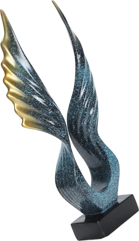 Sculpture d'ailes stylisées bleu et or, statue en résine de 30 cm - 2