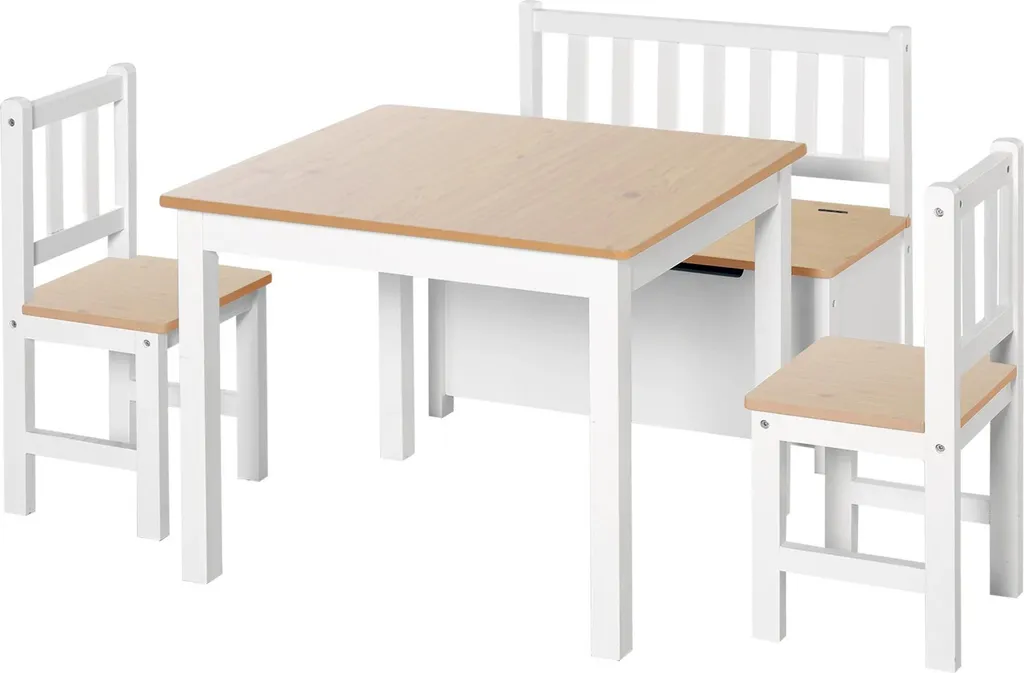 Set table et 2 chaises pour enfants en bois avec banc blanc et gris