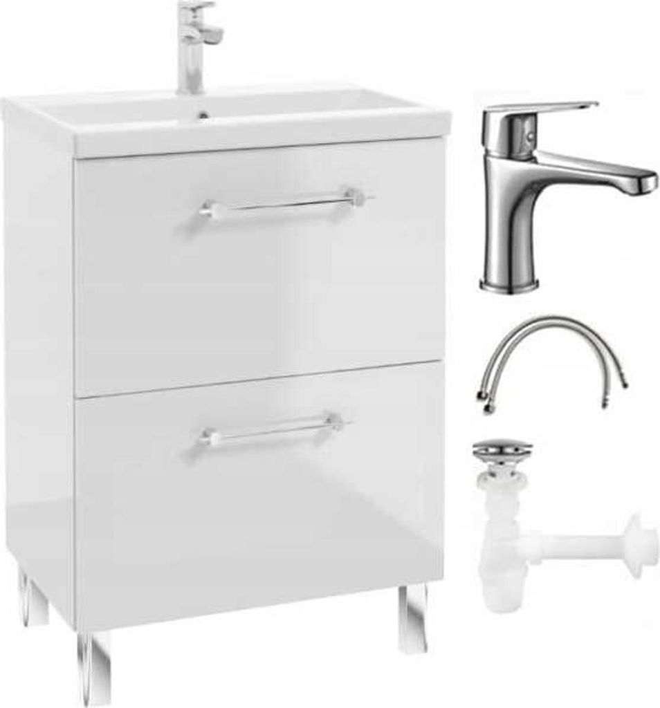 A white bathroom vanity set with a sink, faucet, and plumbing parts, displayed against a white background.
