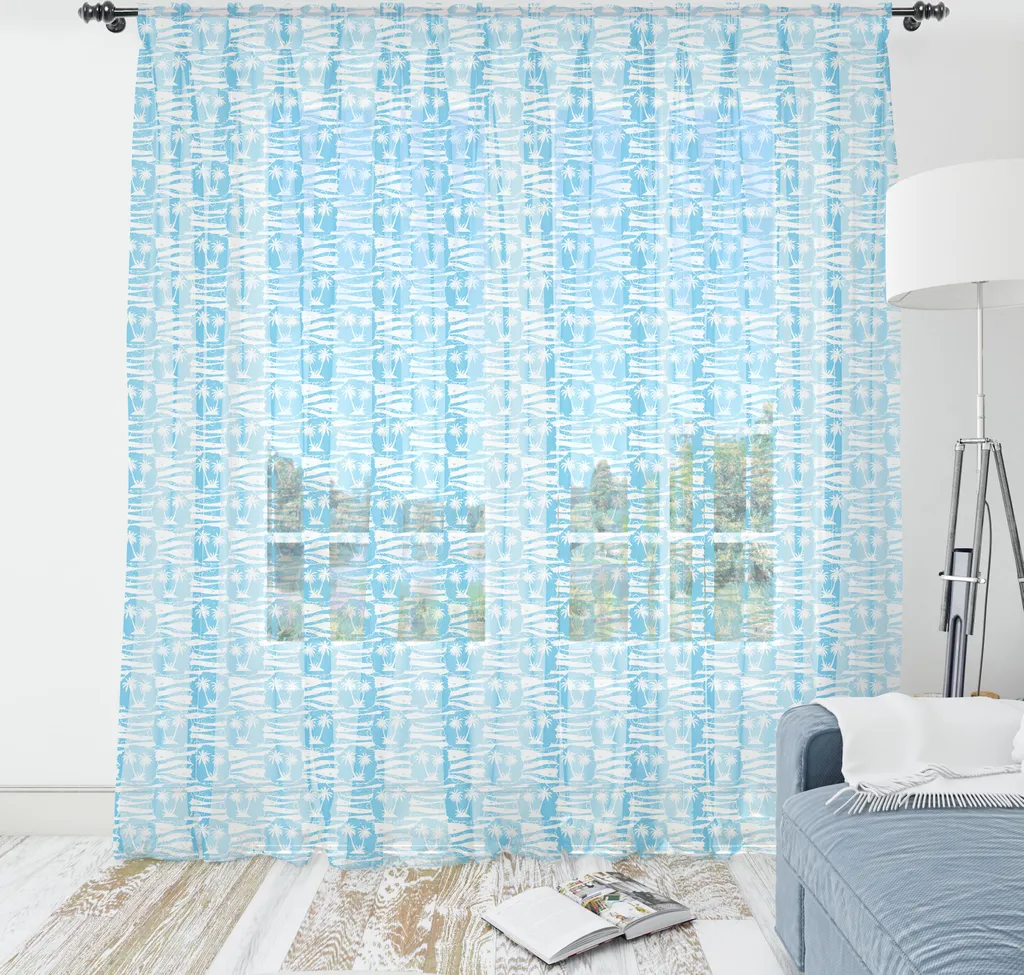 Décor mural tropical en tissu satiné bleu et blanc avec motif estival