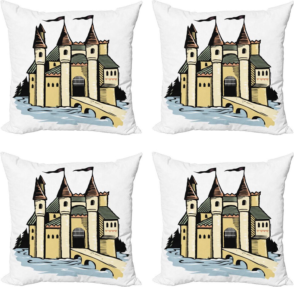 ABAKUHAUS Schloss Kissenbezug Set (4 Stück), Geschichte Fantasie-Festung, Moderner Doppelseitiger Digitaldruck, 45 cm x 45 cm, weiß Multicolor