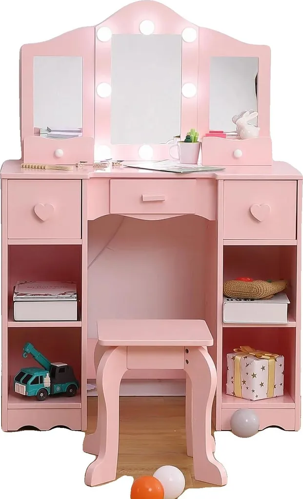 Table de maquillage rose enfant, miroir ajustable et tiroirs de stockage