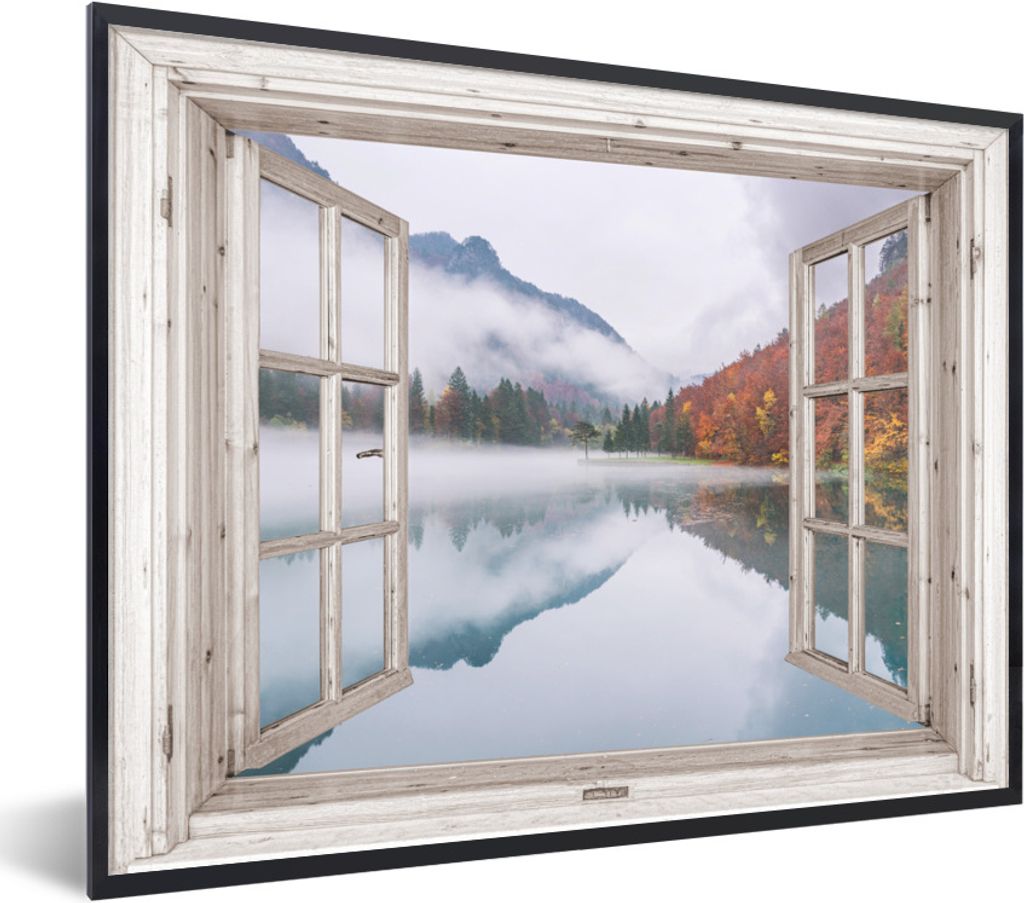 MuchoWow Gerahmtes Poster Durchblick - Herbst - Nebel 80x60 cm - Poster mit Schwarzem Bilderrahmen Wandposter Rahmen Foto Bilder - Schwarzem - Mi...